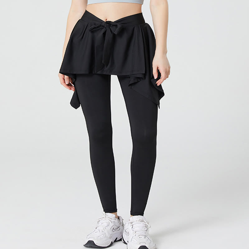 Plus Size 2 in 1 Workout Tie Waist Skirted Yoga Pants - Black - 5XL - image 3