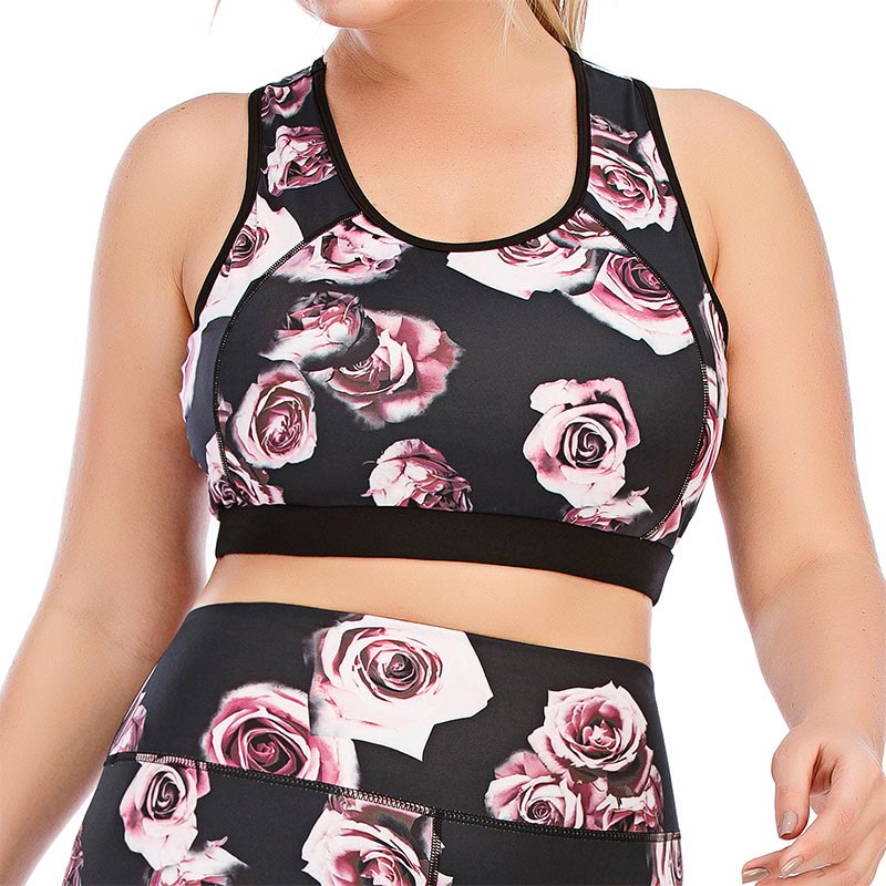 Plus Size Rose Print Fitness Yoga Sports Suit