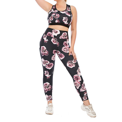 Plus Size Rose Print Fitness Yoga Sports Suit - image 1