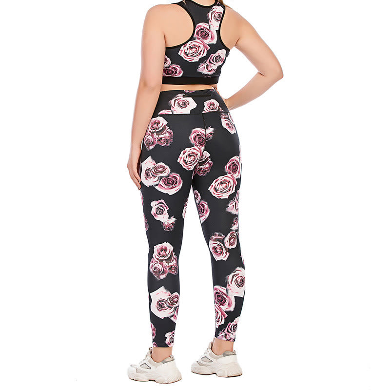 Plus Size Rose Print Fitness Yoga Sports Suit - image 3
