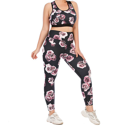 Plus Size Rose Print Fitness Yoga Sports Suit