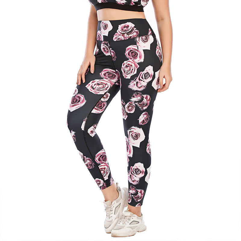Plus Size Rose Print Fitness Yoga Sports Suit - Pants - 3XL - image 6