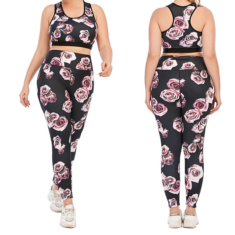Plus Size Rose Print Fitness Yoga Sports Suit - image 0