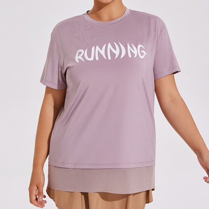 Plus Size Mesh Splicing Loose Yoga Short Sleeves Shirt - Purple - 4XL - image 0