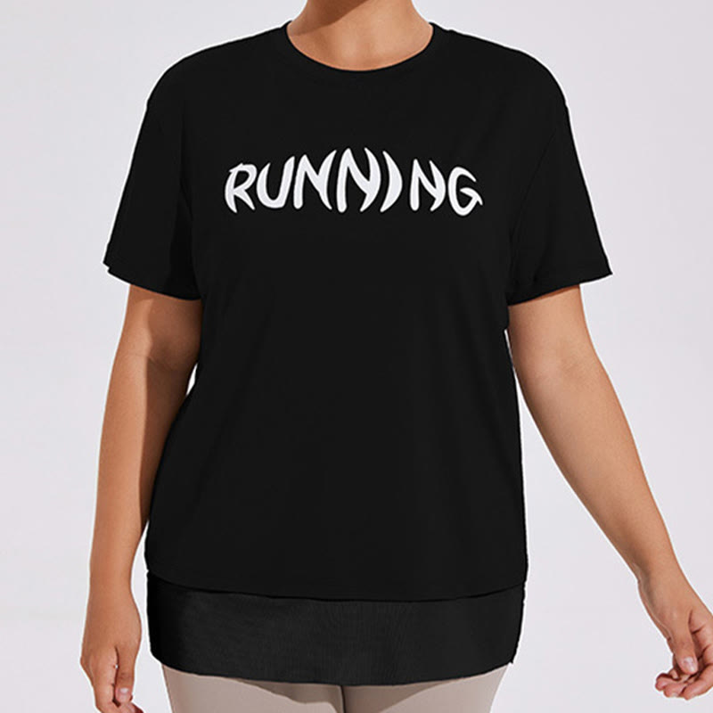 Plus Size Mesh Splicing Loose Yoga Short Sleeves Shirt - Black - 4XL - image 5