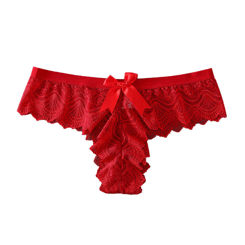 Sexy Low Rise Lace Bowknot Thong(3 Packs) - Red - XL - image 6