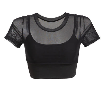 Plus Size Mesh Yoga Short Sleeves With Removable Chest Pad - Black - 4XL - image 5
