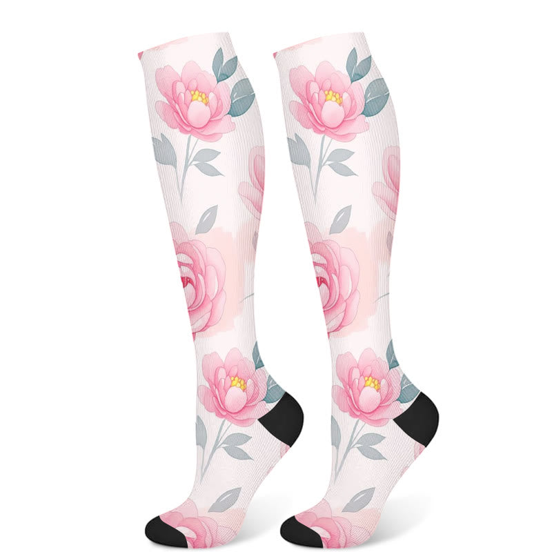 Yellow Pink Blooming Flower Compression Socks(3 Pairs)