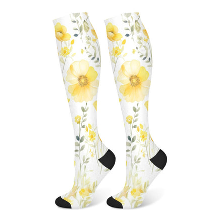 Yellow Pink Blooming Flower Compression Socks(3 Pairs)