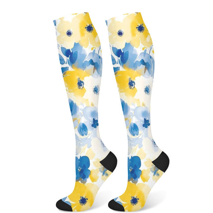 Yellow Pink Blooming Flower Compression Socks(3 Pairs) - Blue(1 Pair) - S/M - image 7