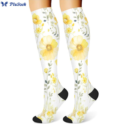 Yellow Pink Blooming Flower Compression Socks(3 Pairs)
