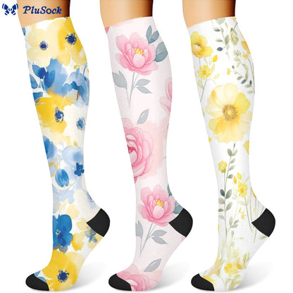 Yellow Pink Blooming Flower Compression Socks(3 Pairs)