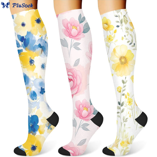 Yellow Pink Blooming Flower Compression Socks(3 Pairs)