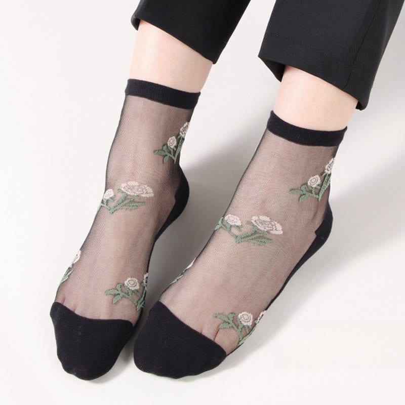 Elegant Flowers Quarter Socks(5 Pairs) - Black - EU36-40(US3-7) - image 2