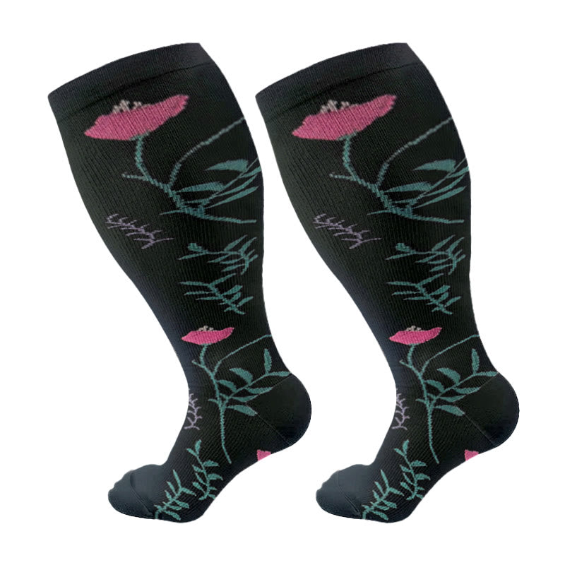 Plus Size Rose Chrysanthemum Compression Socks(3 Pairs) - Black - 4XL - image 6