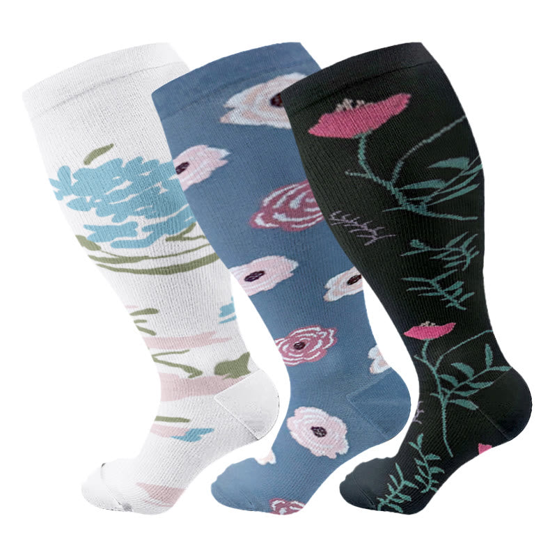 Plus Size Rose Chrysanthemum Compression Socks(3 Pairs) - Multicolor - 4XL - image 4
