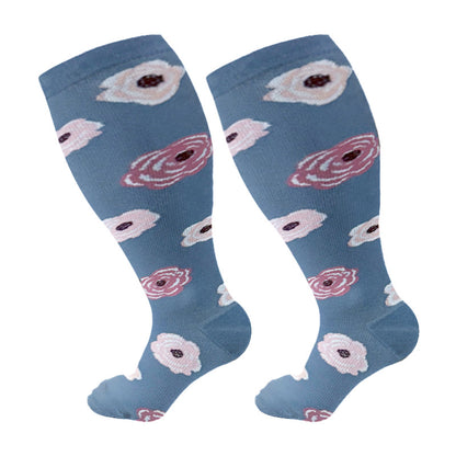 Plus Size Rose Chrysanthemum Compression Socks(3 Pairs) - Blue - 4XL - image 7