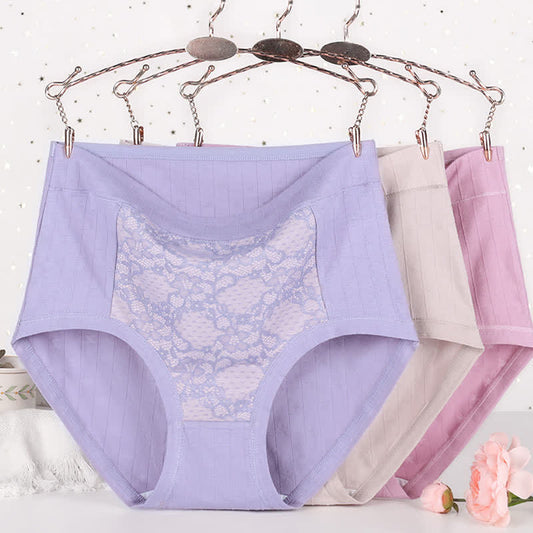 Plus Size High Waist Cotton Lace Floral Brief(3 Packs)