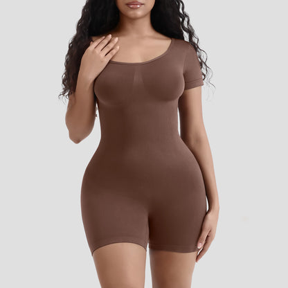 Solid Color Short Sleeve Shapewear Bodysuit
