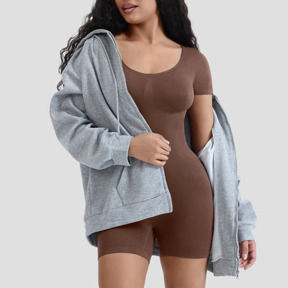 Solid Color Short Sleeve Shapewear Bodysuit
