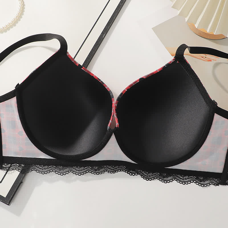 Plaid Heart Pattern Gathering Underwire Bra