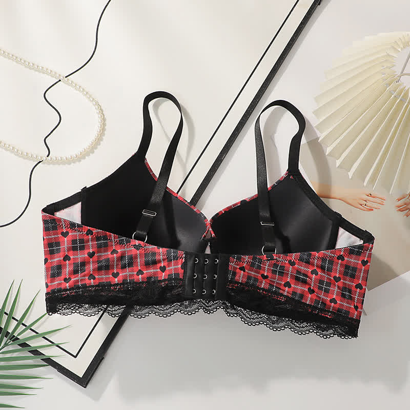 Plaid Heart Pattern Gathering Underwire Bra