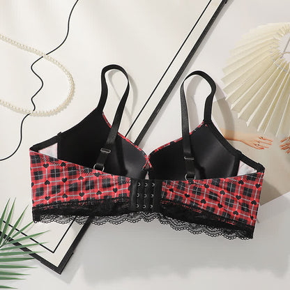 Plaid Heart Pattern Gathering Underwire Bra