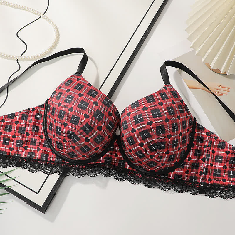 Plaid Heart Pattern Gathering Underwire Bra
