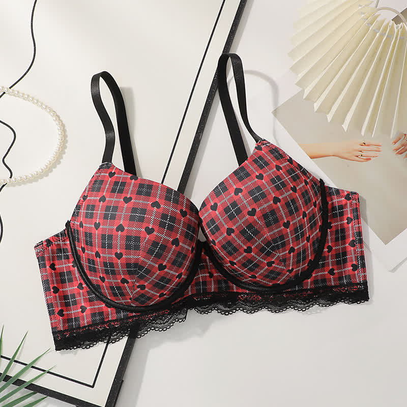 Plaid Heart Pattern Gathering Underwire Bra - Red - 48 - C - image 0