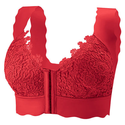 Wavy Edge Front Closure Wireless Bra - Red - 5XL - image 8