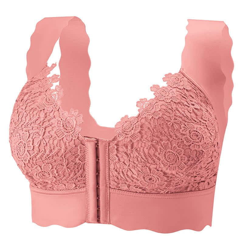 Wavy Edge Front Closure Wireless Bra - Pink - 5XL - image 4
