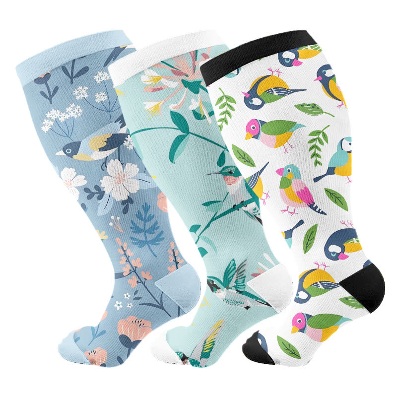 Plus Size Breezy Flower Bird Compression Socks(3 Pairs)