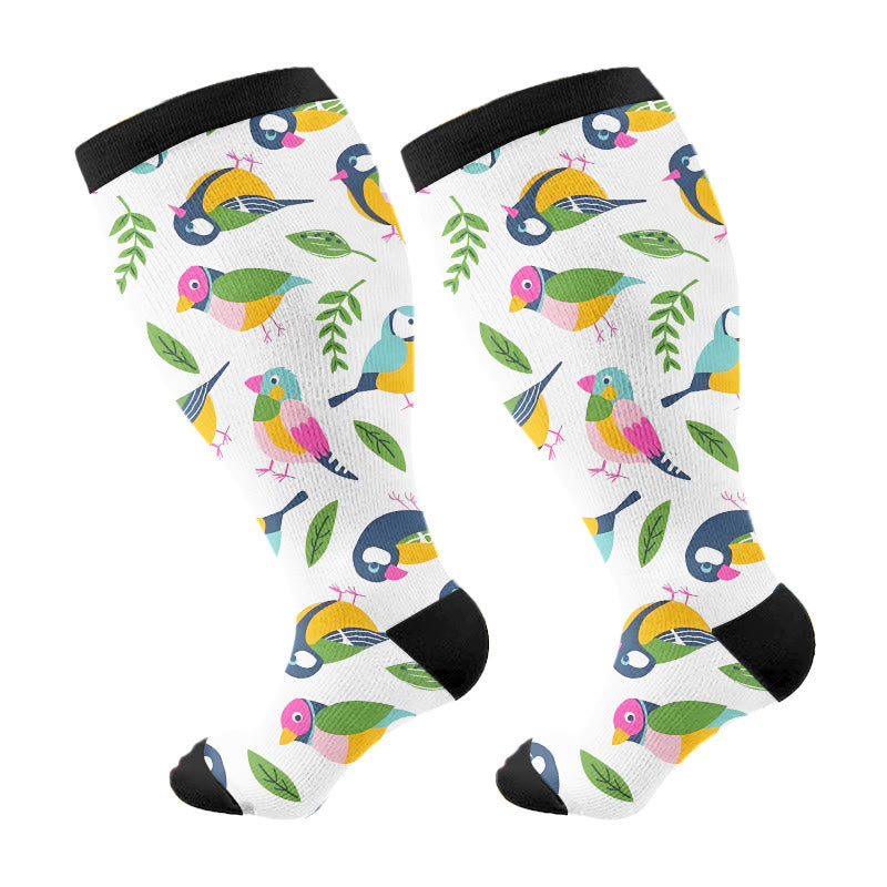 Plus Size Breezy Flower Bird Compression Socks(3 Pairs)