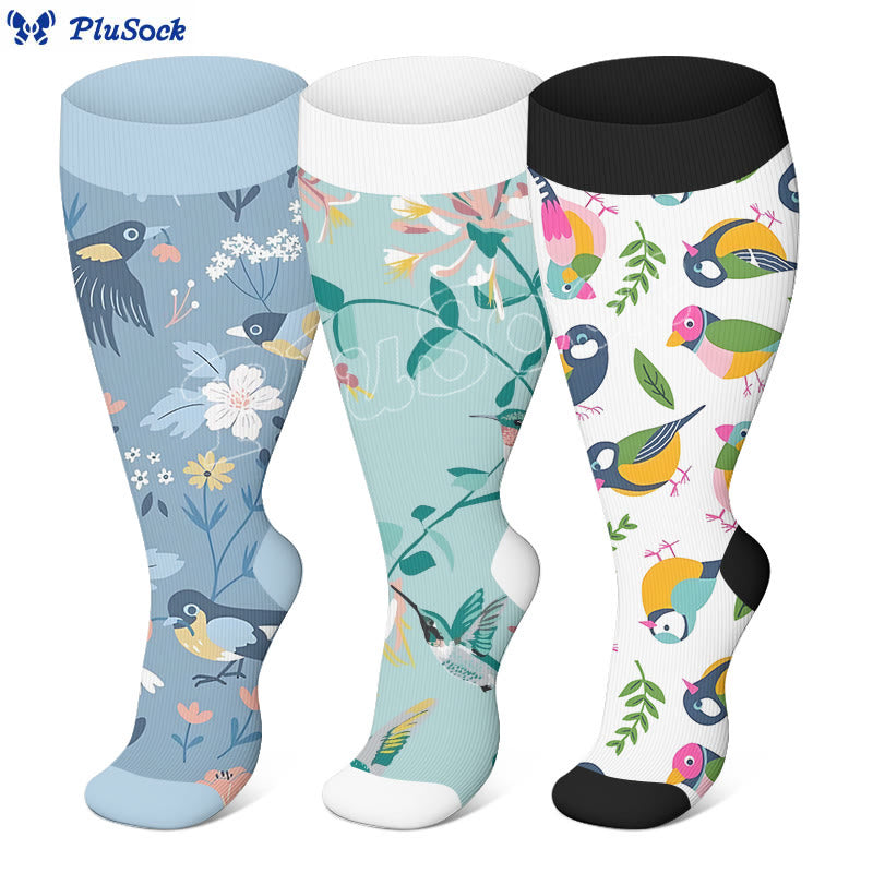 Plus Size Breezy Flower Bird Compression Socks(3 Pairs)