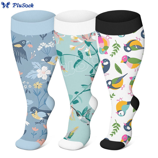 Plus Size Breezy Flower Bird Compression Socks(3 Pairs)