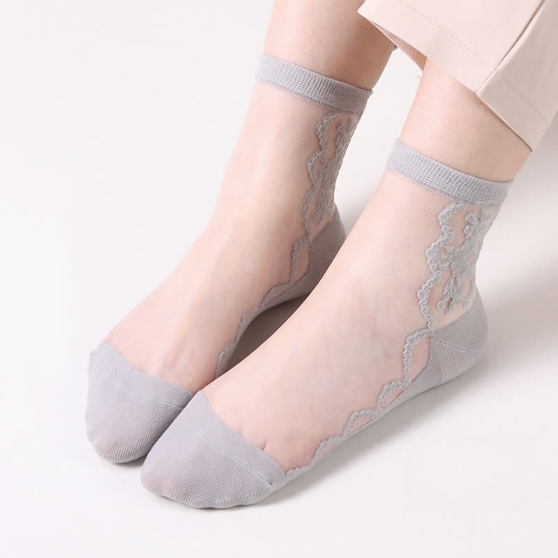 Plus Size Floral Sheer Cotton Ankle Socks(8 Pairs) - Grey - EU36-40(US3-7) - image 11
