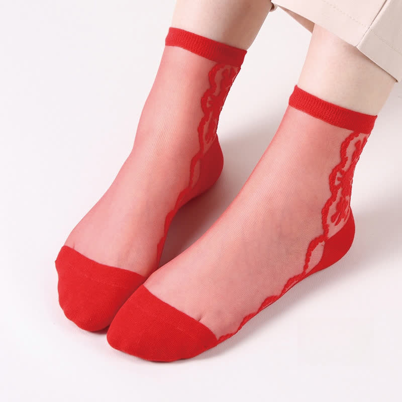 Plus Size Floral Sheer Cotton Ankle Socks(8 Pairs) - Red - EU36-40(US3-7) - image 9