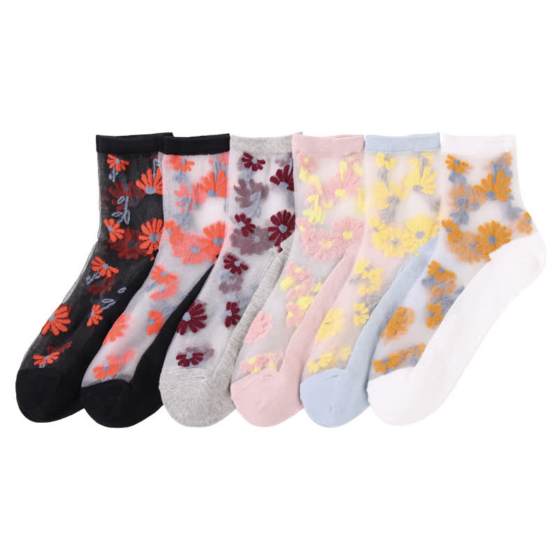 Ultra-thin Daisy Flower Sheer Ankle Socks(6 Pairs) - Multicolor - EU36-40(US3-7) - image 12