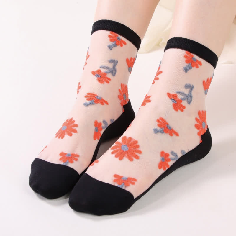 Ultra-thin Daisy Flower Sheer Ankle Socks(6 Pairs) - Black&White - EU36-40(US3-7) - image 5