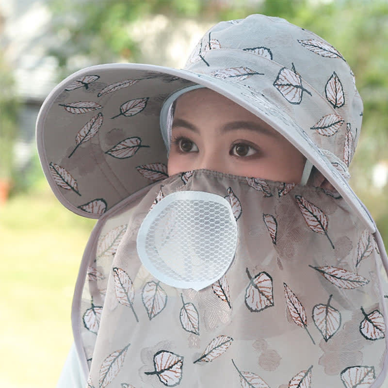 Leaf Print Large Brim Shawl Mask Sun Hat - Grey - One Size - image 2