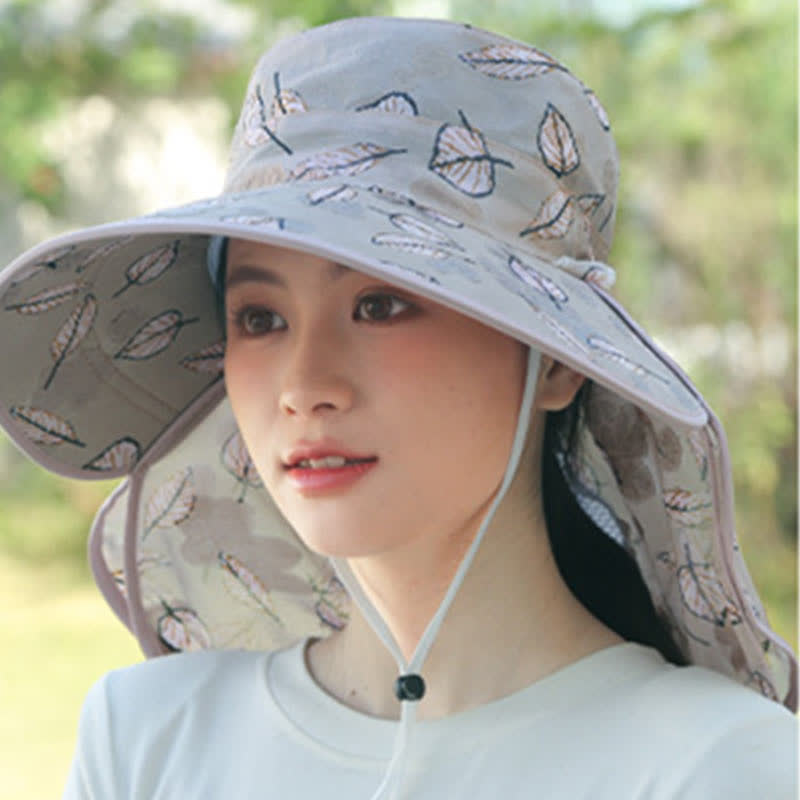 Leaf Print Large Brim Shawl Mask Sun Hat - image 3