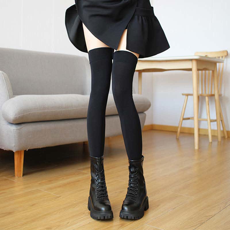 Plus Sexy Solid Color Thigh High Socks(4 Pairs) - Black - One Size - image 2