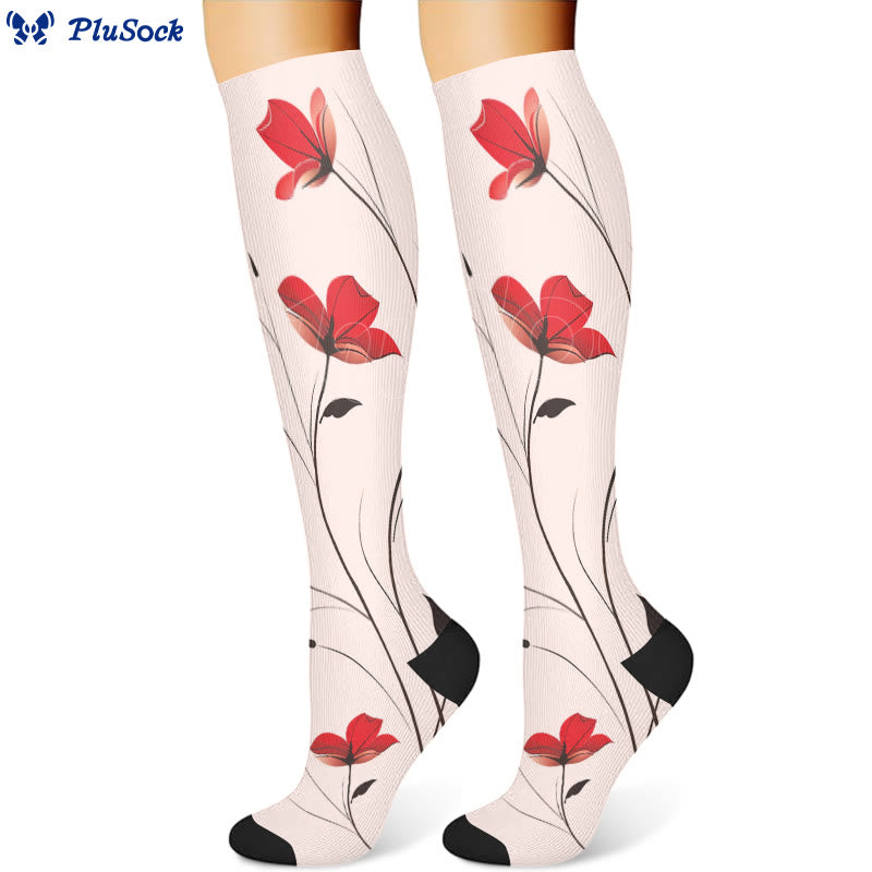 Red Flowers Compression Socks(3 Pairs)