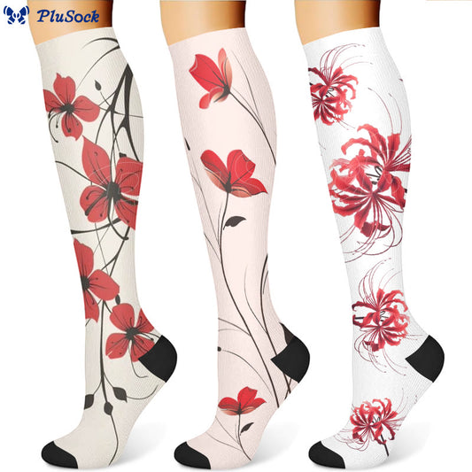 Red Flowers Compression Socks(3 Pairs) - image 1