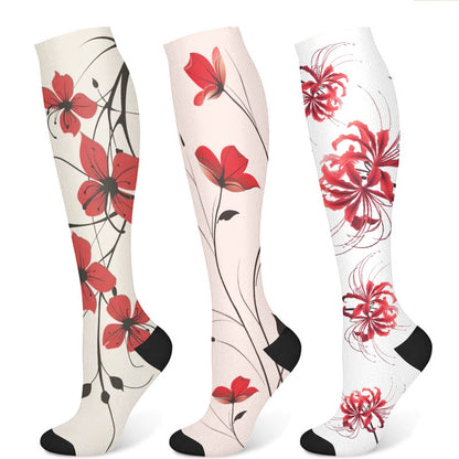 Red Flowers Compression Socks(3 Pairs)