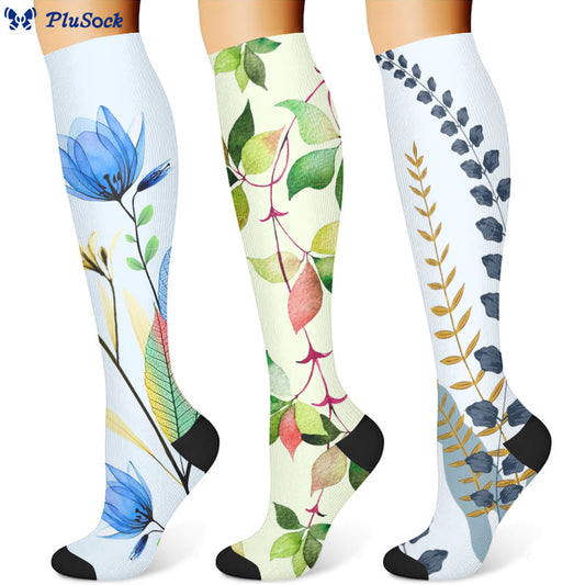 Green Leaves Blue Flowers Compression Socks(3 Pairs) - image 1