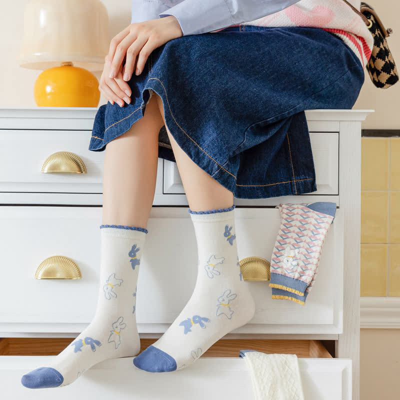 Cartoon Rabbit Print Cotton Quarter Socks(4 Pairs) - image 9