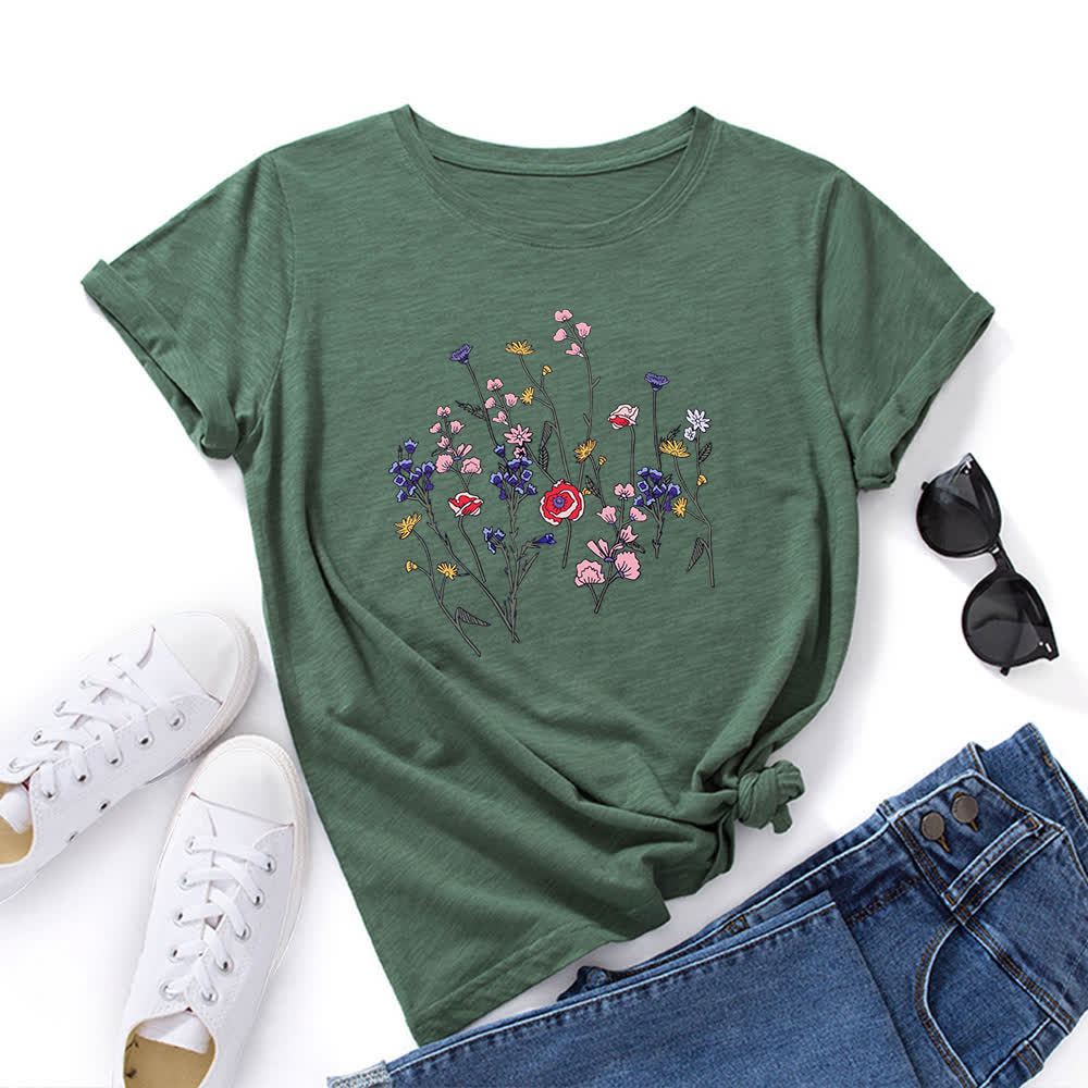 Plus Size Floral Print Short Sleeve T-Shirt - Army Green - 5XL - image 6