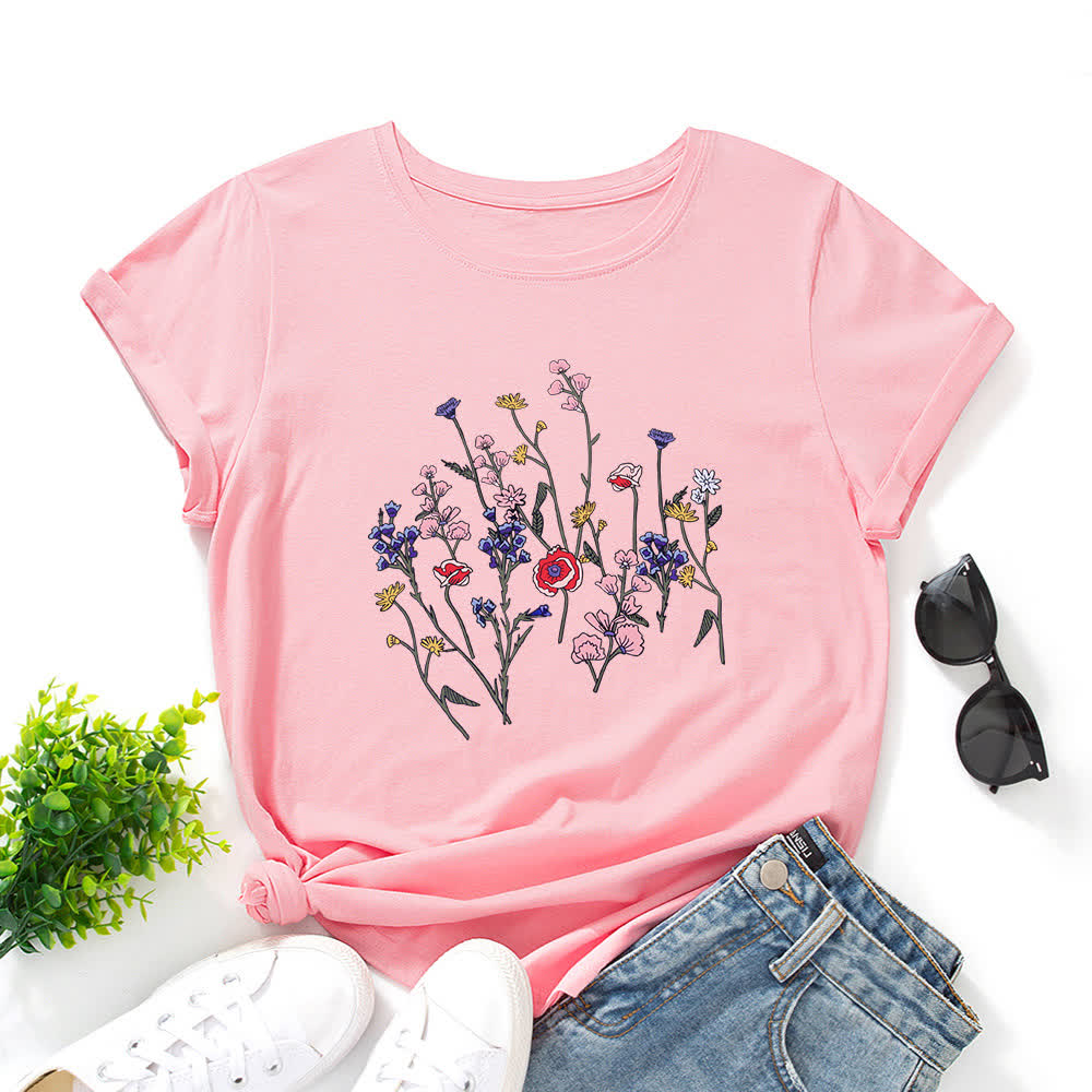 Plus Size Floral Print Short Sleeve T-Shirt - Pink - 5XL - image 3