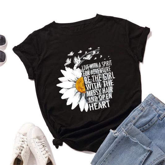 Plus Size Floral Letter Print Short Sleeve T-Shirt - Black - 5XL - image 1